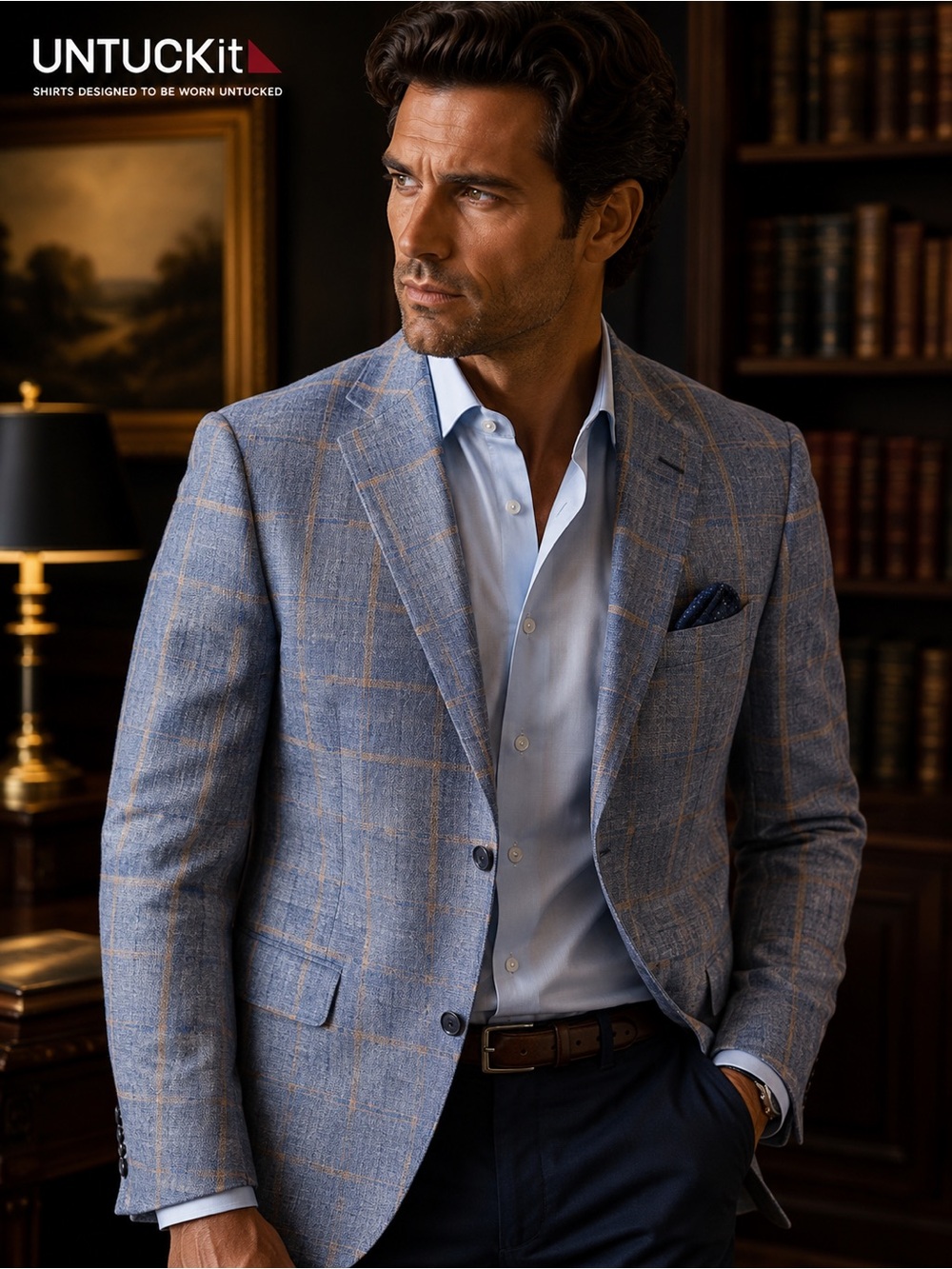UNTUCKit Blue Windowpane Blazer with Tan Check